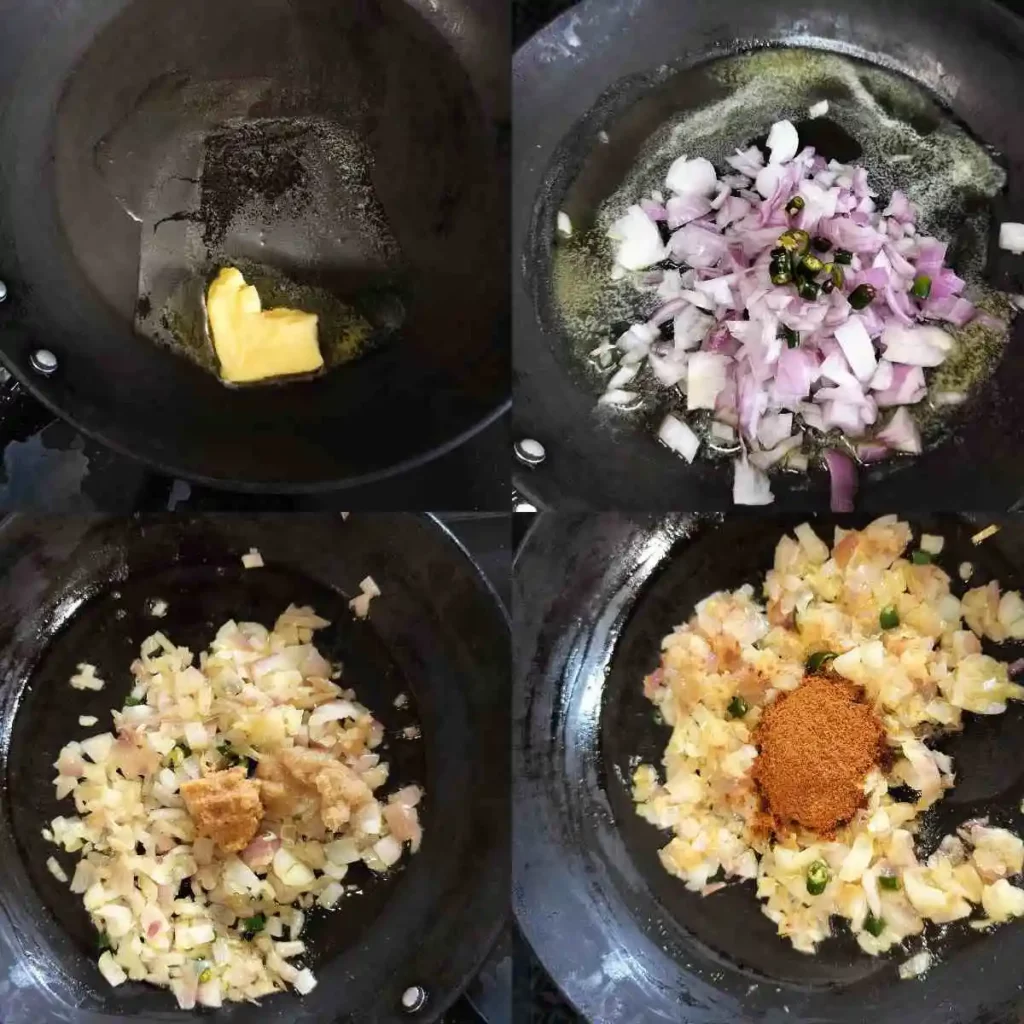 melting butter, frying onion along with ginger garlic paste and dry spice powders
