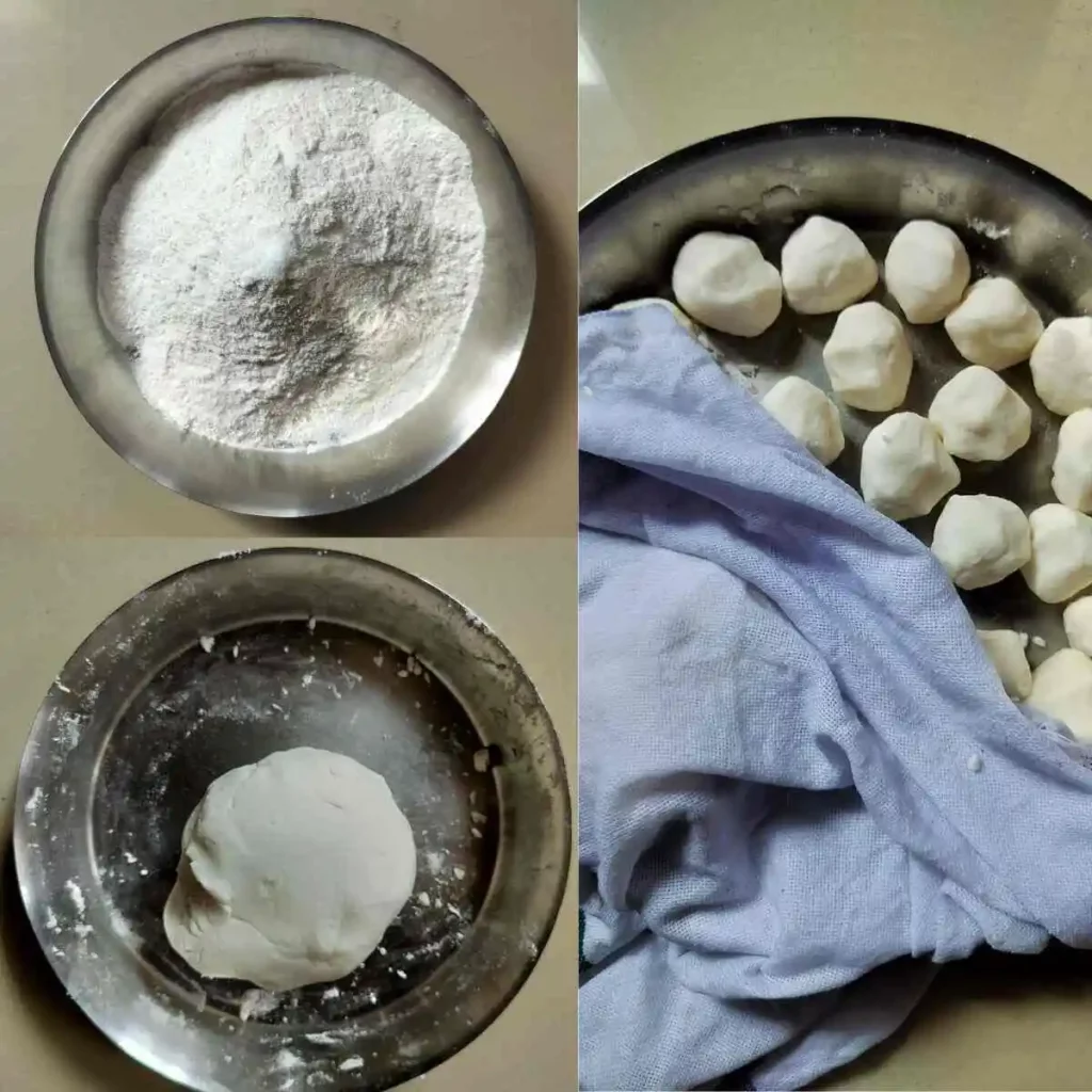 kneading rice flour dough for pitha making