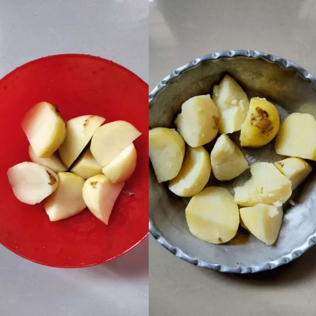 Raw potato pieces and boiled potato pieces