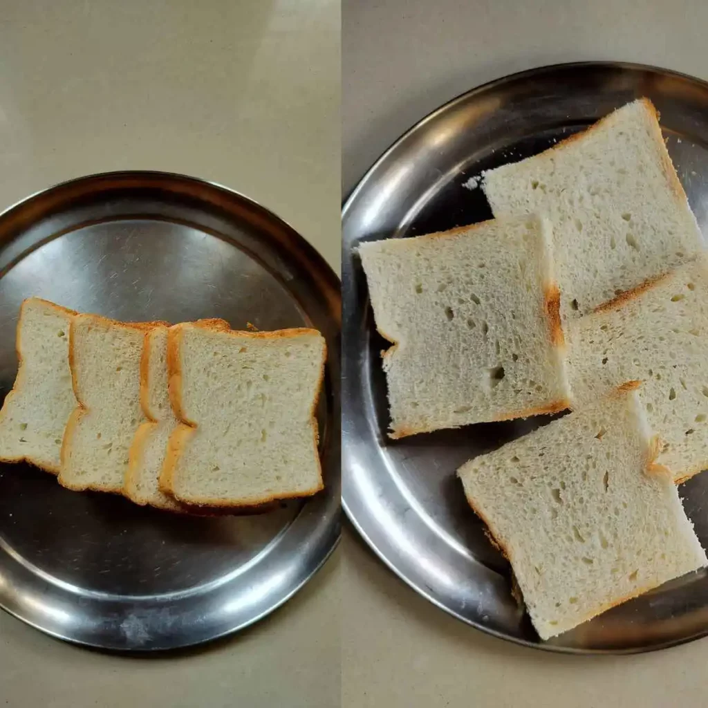 before and after cutting the crust of Bread slices