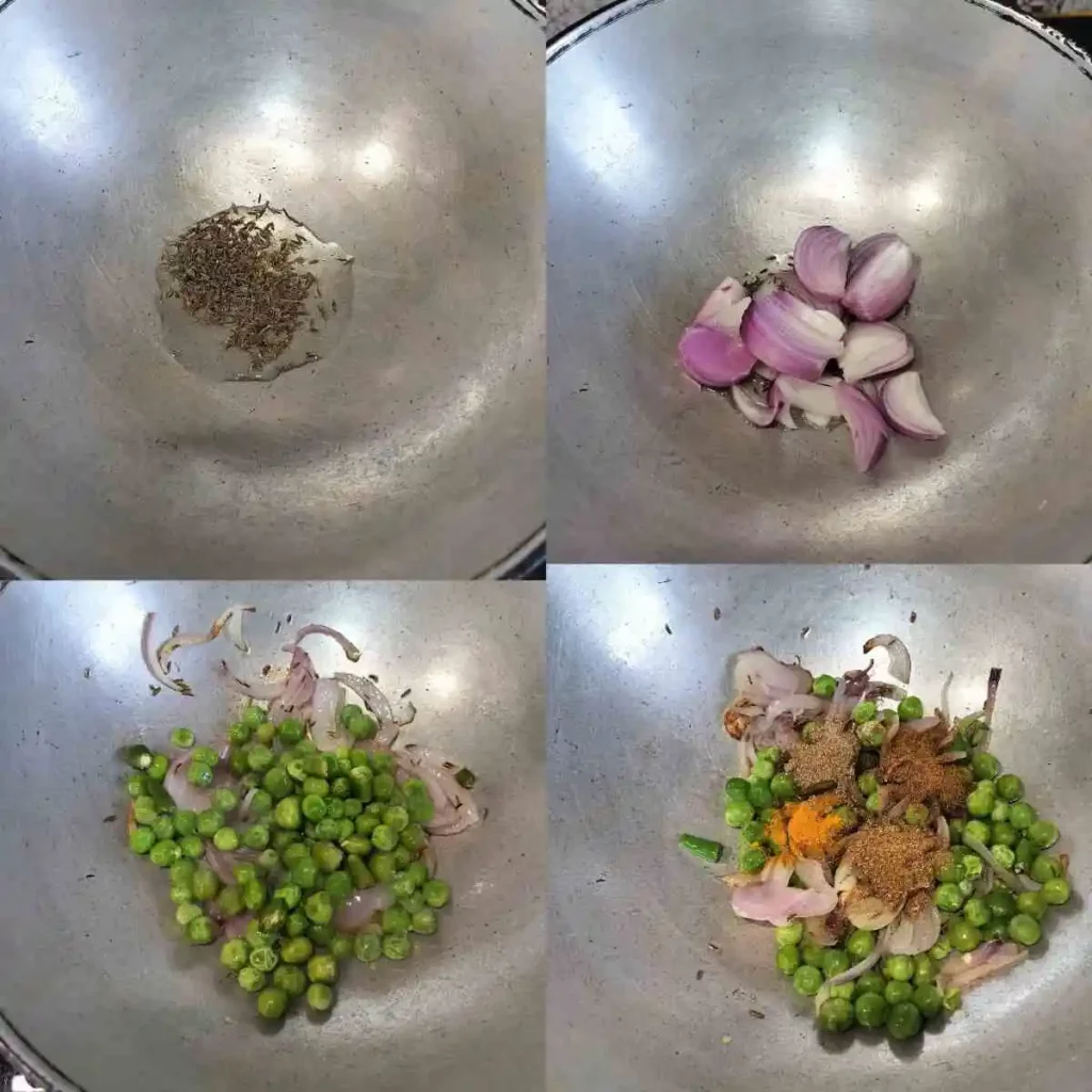 Adding cumin seeds in oil followed by onion, green peas and spice powders