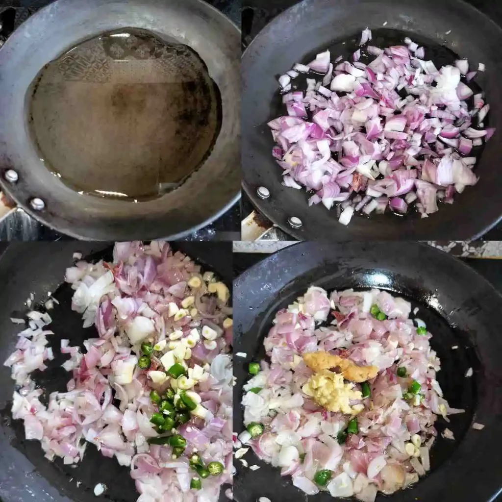 Heating oil, cooking chopped onion, garlic, chili, ginger-garlic paste