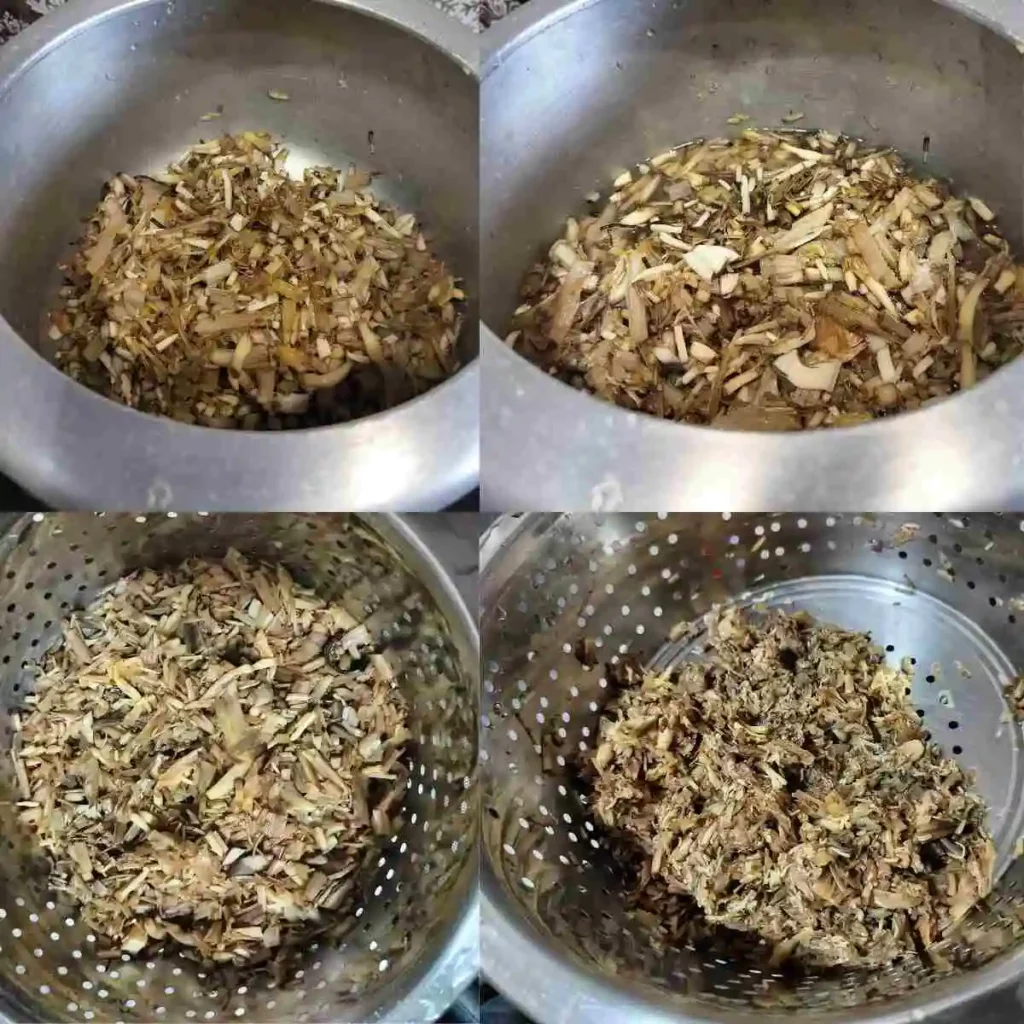 Boiling of chopped banana blossom and later draining the water and mashing them
