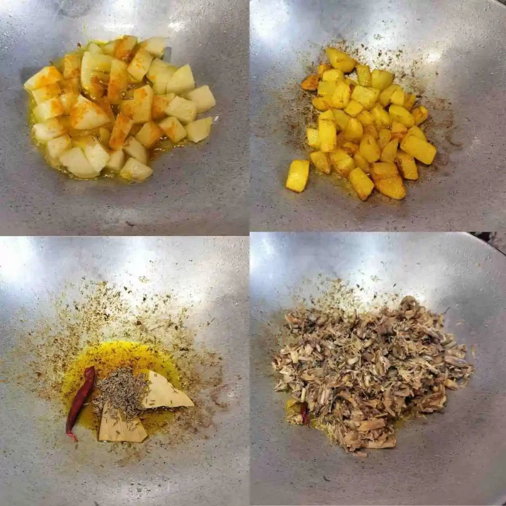 frying potatoes followed by boiled banana blossom